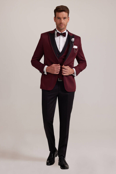 Men's Burgundy Swallowtail Collar Waistcoat Slim Fit Patterned Groom Suit - 11