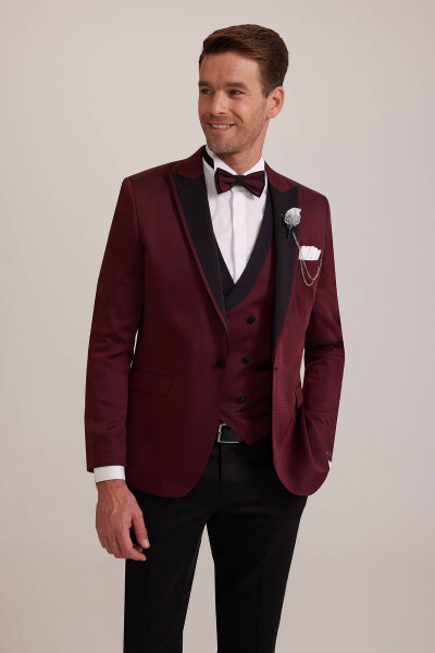 Men's Burgundy Swallowtail Collar Waistcoat Slim Fit Patterned Groom Suit - 12