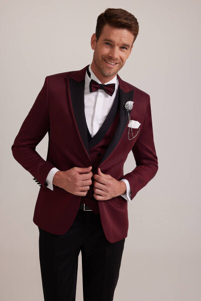 Men's Burgundy Swallowtail Collar Waistcoat Slim Fit Patterned Groom Suit - 13