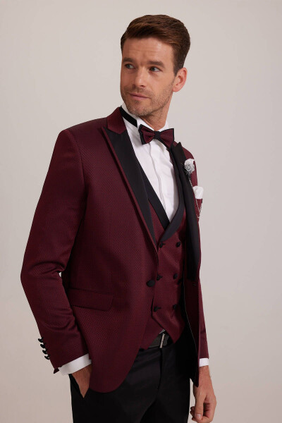 Men's Burgundy Swallowtail Collar Waistcoat Slim Fit Patterned Groom Suit - 14