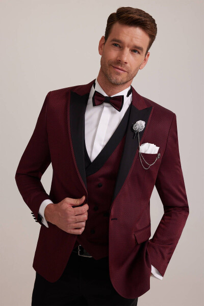 Men's Burgundy Swallowtail Collar Waistcoat Slim Fit Patterned Groom Suit - 15