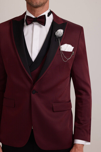 Men's Burgundy Swallowtail Collar Waistcoat Slim Fit Patterned Groom Suit - 16