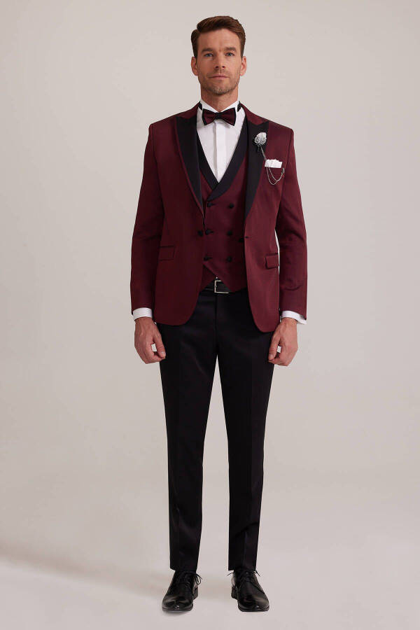 Men's Burgundy Swallowtail Collar Waistcoat Slim Fit Patterned Groom Suit - 5