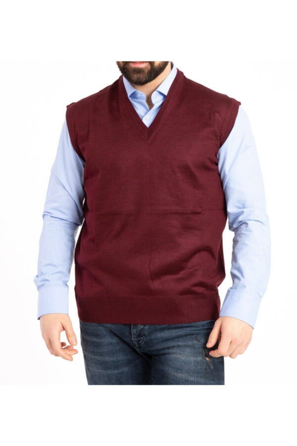 Men's Burgundy V-Neck Fine Wool Knit Non-Pilling Sweater Dad Sweater - 1