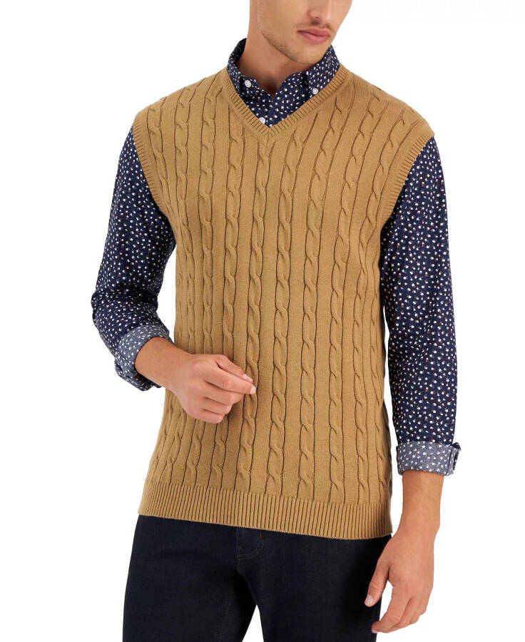 Men's Cable-Knit Cotton Sweater Vest, Created for Macy's Moca - 1