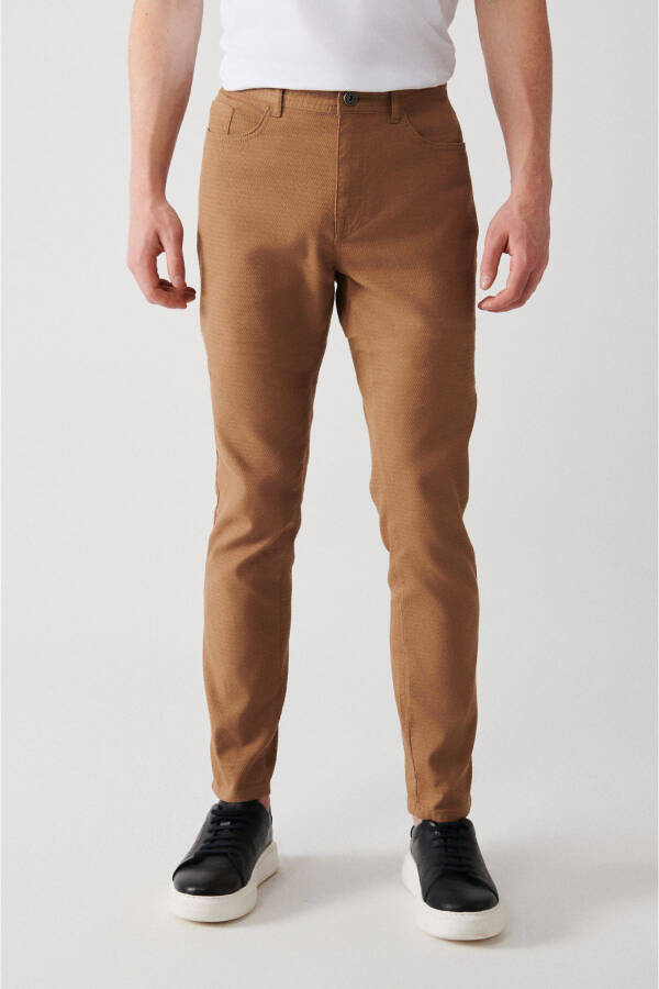 Men's Camel Reinforced Stretchy 5 Pocket Slim Fit Narrow Cut Canvas Trousers E003007 - 9