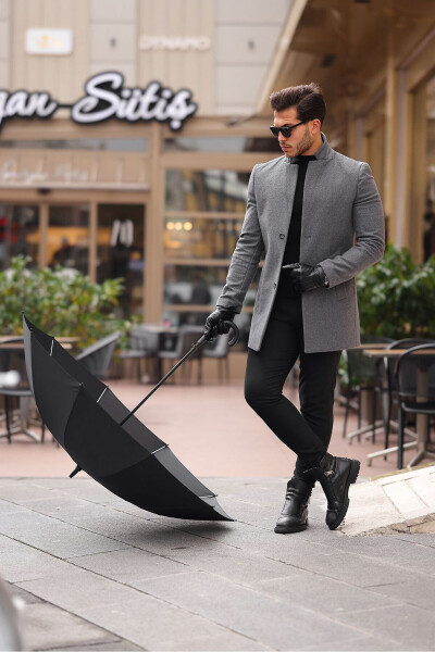 Men's Charcoal Slim Fit Notch Lapel Cashmere Coat - 2