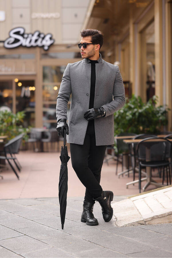 Men's Charcoal Slim Fit Notch Lapel Cashmere Coat - 3