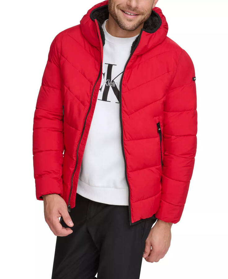 Men's Chevron Stretch Jacket With Sherpa Lined Hood Deep Red - 1