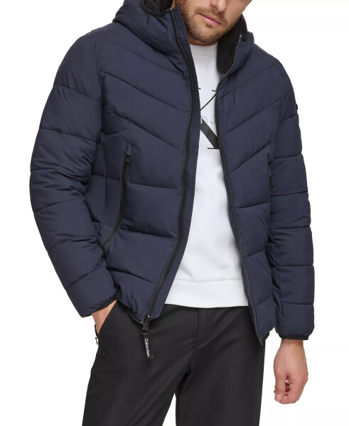 Men's Chevron Stretch Jacket With Sherpa Lined Hood True Navy - 3