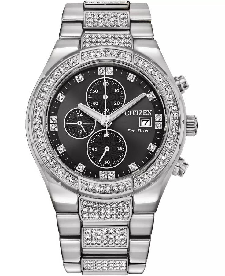 Men's Chronograph Eco-Drive Crystal Stainless Steel Bracelet Watch 42mm Silver-tone - 1