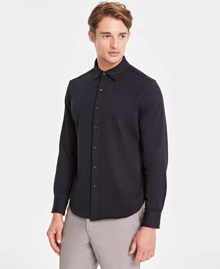 Men's Classic-Fit Heathered Jersey-Knit Button-Down Shirt, Created for Modazone Deep Black - 1