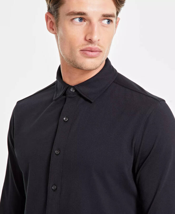 Men's Classic-Fit Heathered Jersey-Knit Button-Down Shirt, Created for Modazone Deep Black - 3