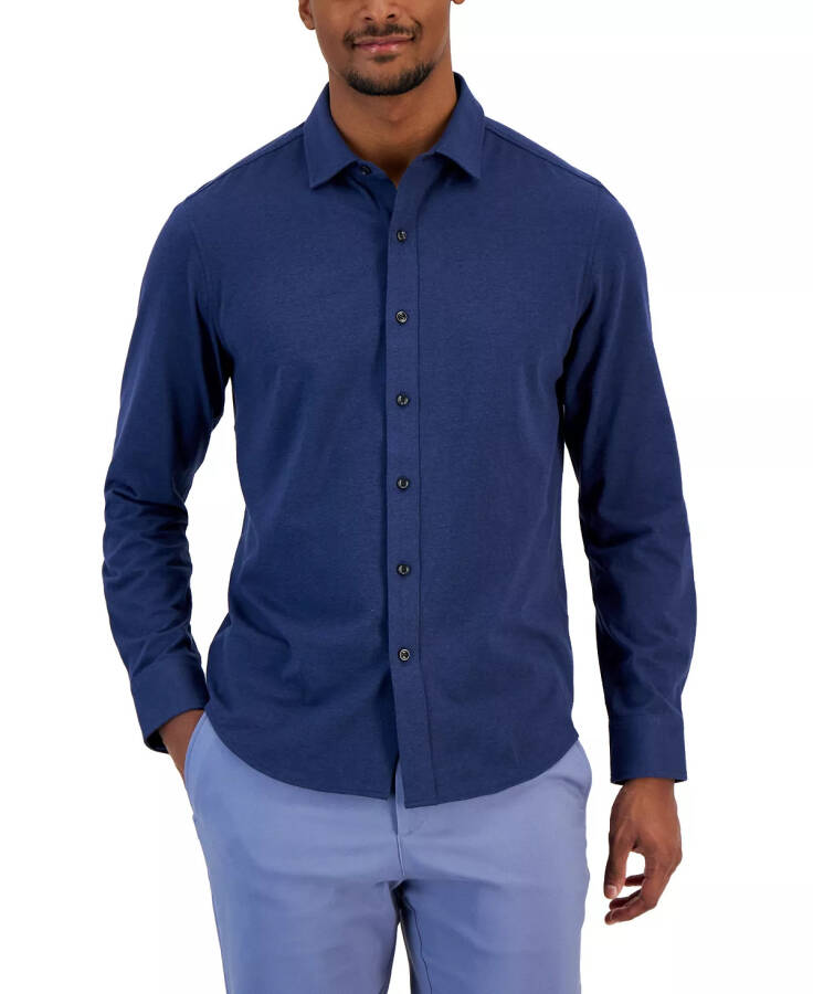 Men's Classic-Fit Heathered Jersey-Knit Button-Down Shirt, Created for Modazone Neo Navy - 5