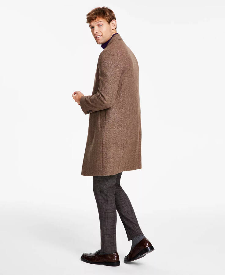 Men's Classic Fit Luxury Wool Cashmere Blend Overcoats Brown Herringbone - 2