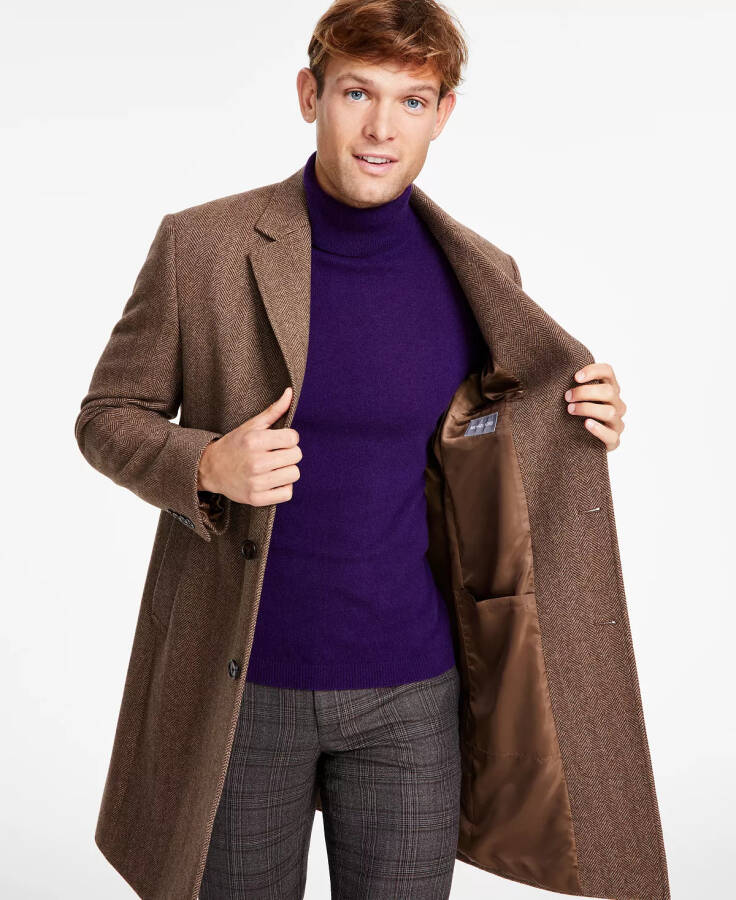 Men's Classic Fit Luxury Wool Cashmere Blend Overcoats Brown Herringbone - 3