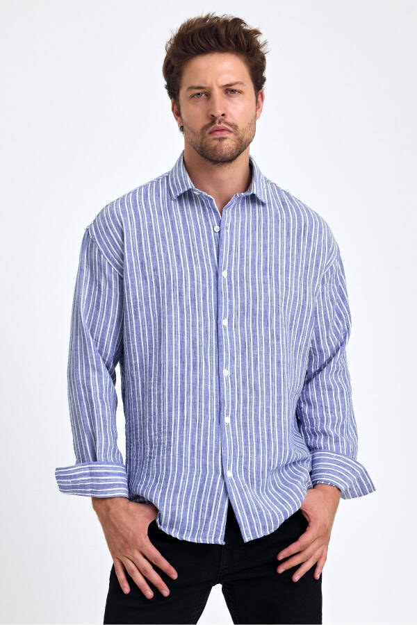 Men's Classic Fit Regular Fit Long Sleeve 100% Cotton Linen Blend Roll Up Sleeve Striped Shirt - 2