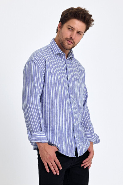 Men's Classic Fit Regular Fit Long Sleeve 100% Cotton Linen Blend Roll Up Sleeve Striped Shirt - 3