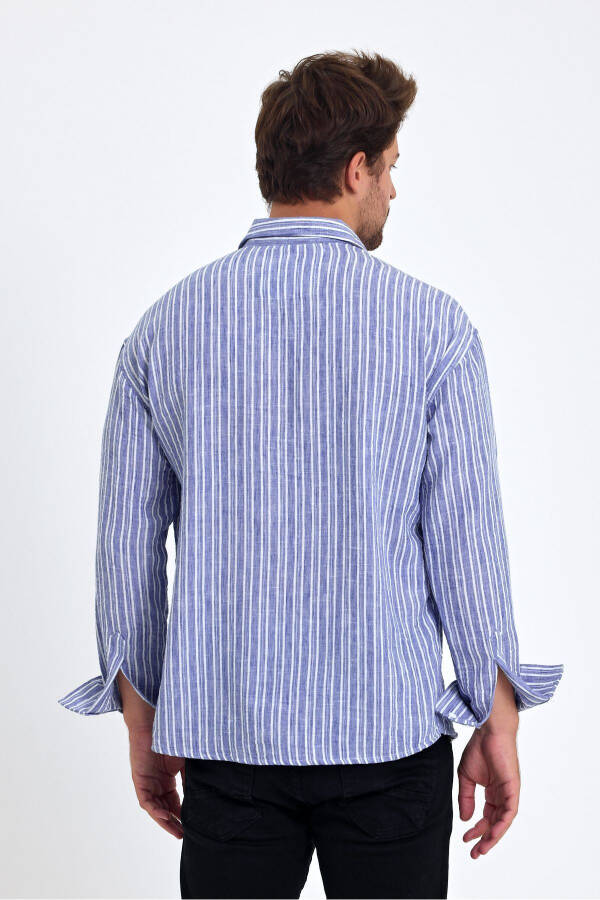 Men's Classic Fit Regular Fit Long Sleeve 100% Cotton Linen Blend Roll Up Sleeve Striped Shirt - 5