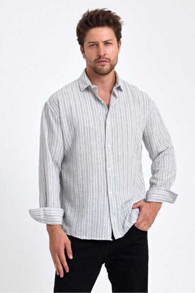 Men's Classic Fit Regular Fit Long Sleeve 100% Cotton Linen Blend Roll-Up Sleeve Striped Shirt - 3