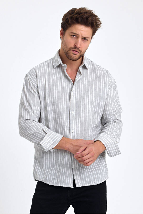 Men's Classic Fit Regular Fit Long Sleeve 100% Cotton Linen Blend Roll-Up Sleeve Striped Shirt - 4