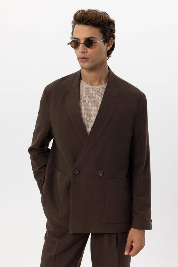 Men's Coffee Linen Blend Double Breasted Button Blazer Jacket - 15