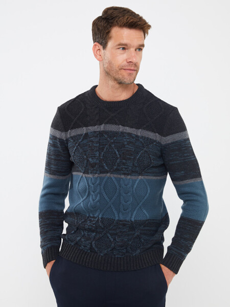 Men's Color Block Long Sleeve Crew Neck Knit Sweater - 1