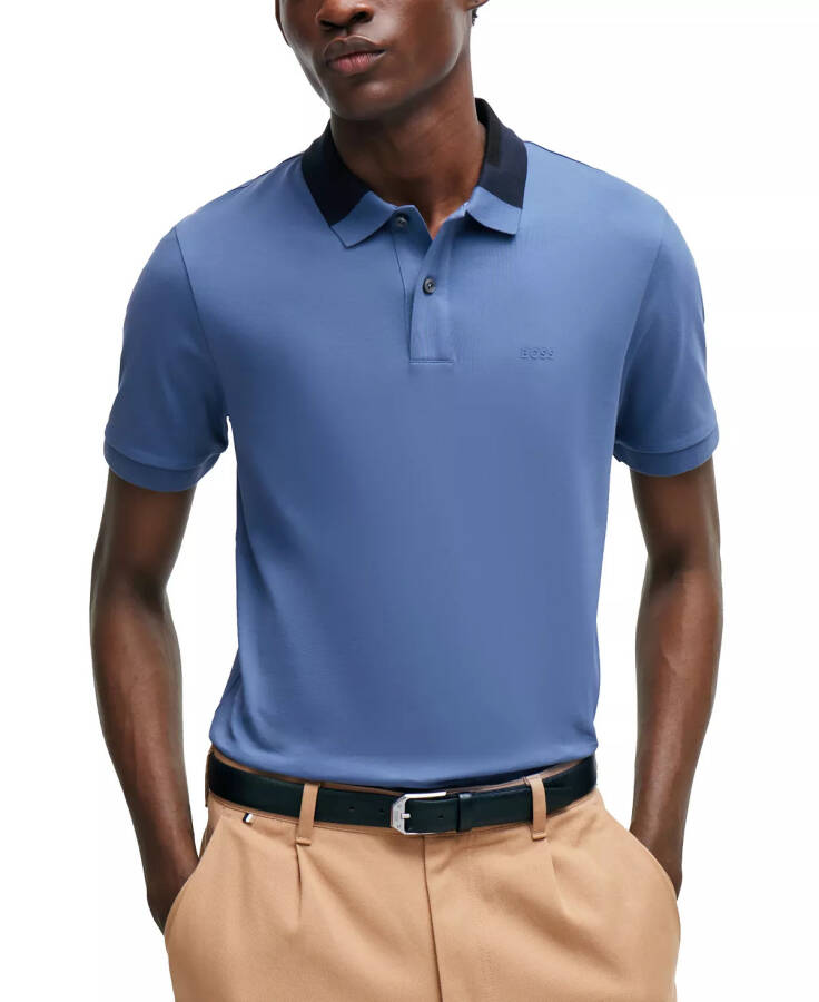 Men's Color-Blocked Collar Slim-Fit Polo Shirt Open Blue - 5