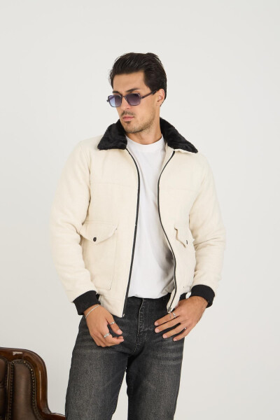 Men's corduroy collar, fur-lined, cotton bomber jacket. - 3