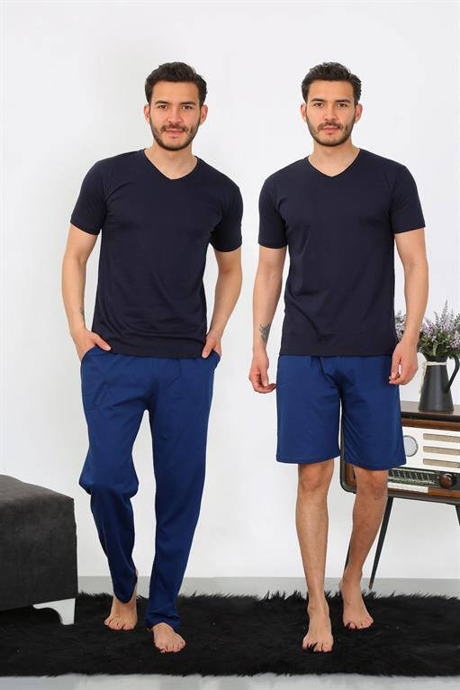 Men's Cotton 3-Piece Navy V-Neck Pajama Set 6822 - 20