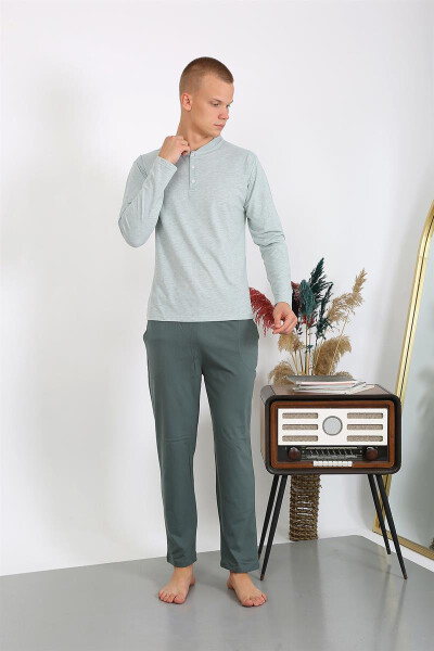 Men's Cotton Long Sleeve Pajama Set 6860 Aqua Green - 8