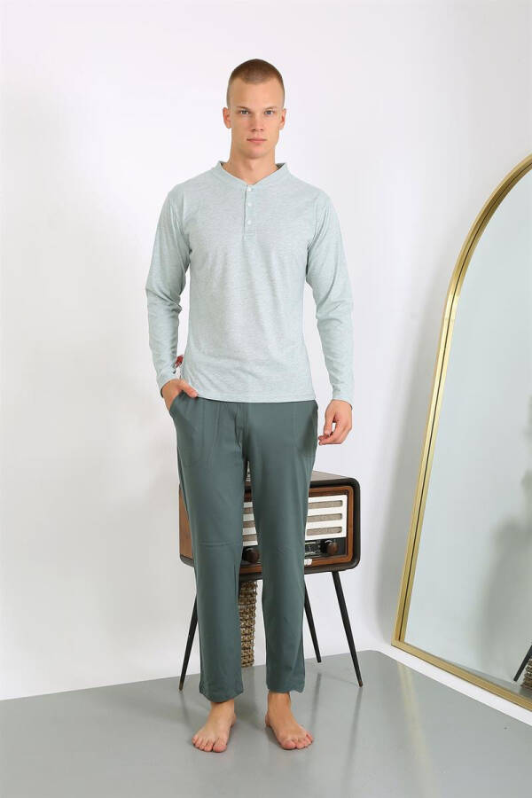 Men's Cotton Long Sleeve Pajama Set 6860 Aqua Green - 9