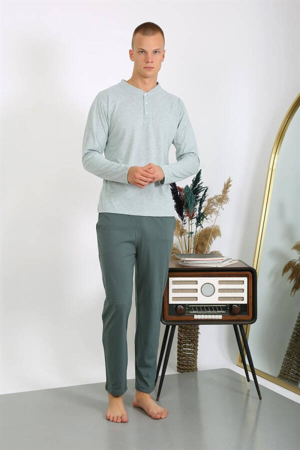 Men's Cotton Long Sleeve Pajama Set 6860 Aqua Green - 13