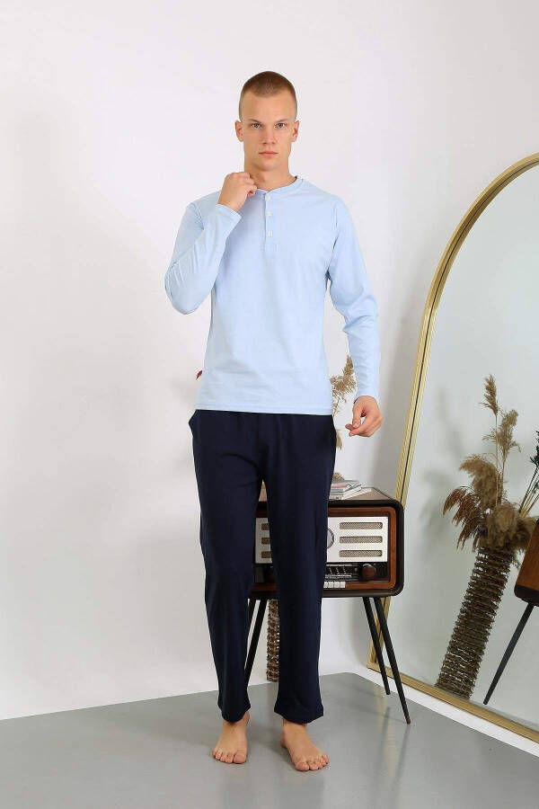 Men's Cotton Long Sleeve Pajama Set 6860 Ice Blue - 4