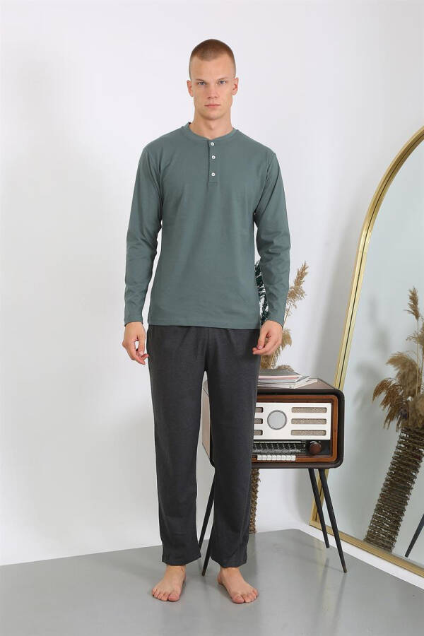 Men's Cotton Long Sleeve Pajama Set 6860 Khaki - 8