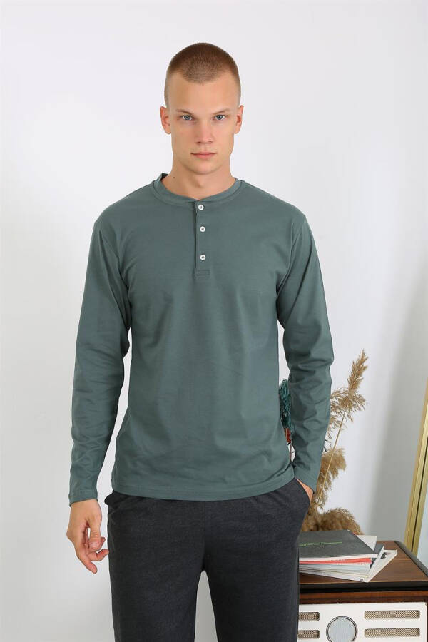 Men's Cotton Long Sleeve Pajama Set 6860 Khaki - 9