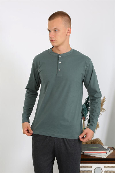 Men's Cotton Long Sleeve Pajama Set 6860 Khaki - 10