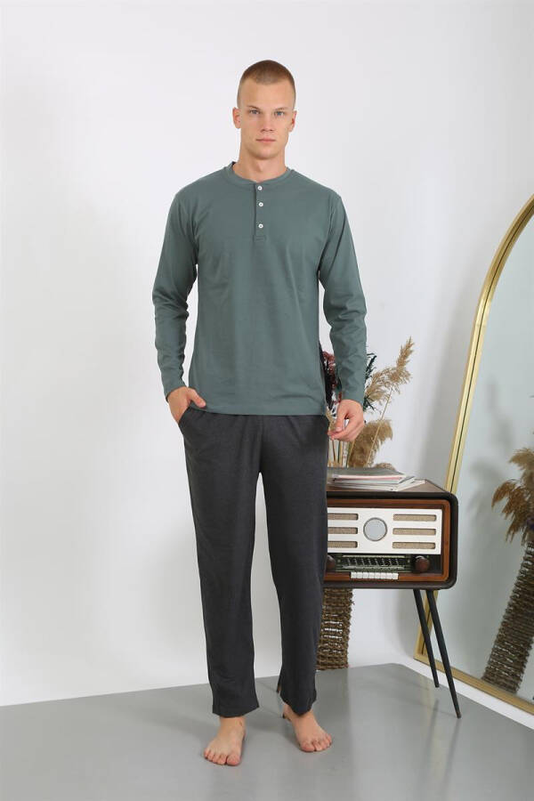 Men's Cotton Long Sleeve Pajama Set 6860 Khaki - 13