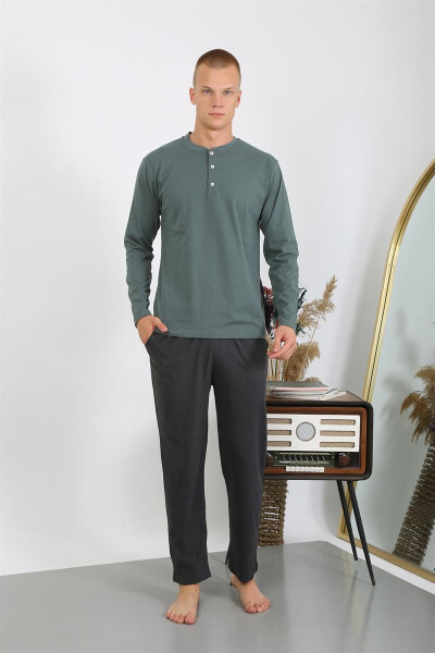 Men's Cotton Long Sleeve Pajama Set 6860 Khaki - 6