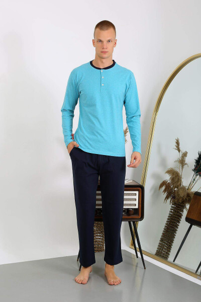 Men's Cotton Long Sleeve Pajama Set 6860 Turquoise - 1