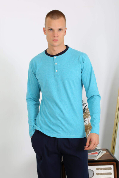 Men's Cotton Long Sleeve Pajama Set 6860 Turquoise - 2