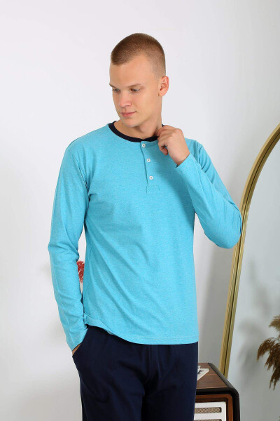 Men's Cotton Long Sleeve Pajama Set 6860 Turquoise - 3