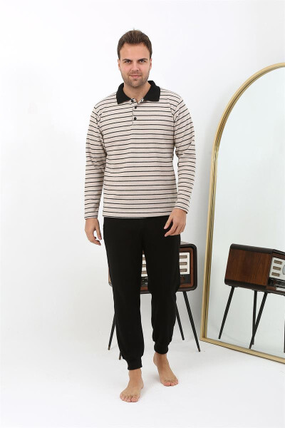 Men's Cotton Pajama Set (Long Sleeve, Polo Collar) - 12