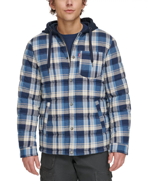 Men's Cotton Quilted Shirt Jacket with Fleece Hood Navy Plaid - 1