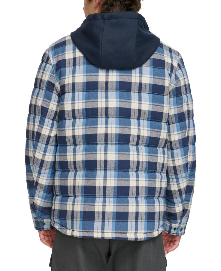 Men's Cotton Quilted Shirt Jacket with Fleece Hood Navy Plaid - 2