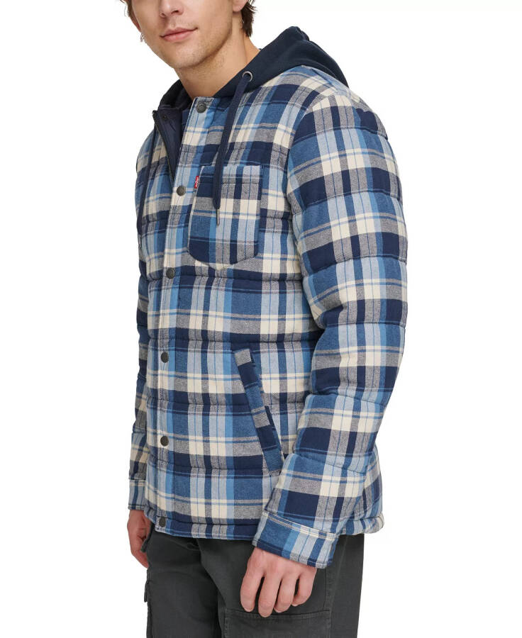 Men's Cotton Quilted Shirt Jacket with Fleece Hood Navy Plaid - 3