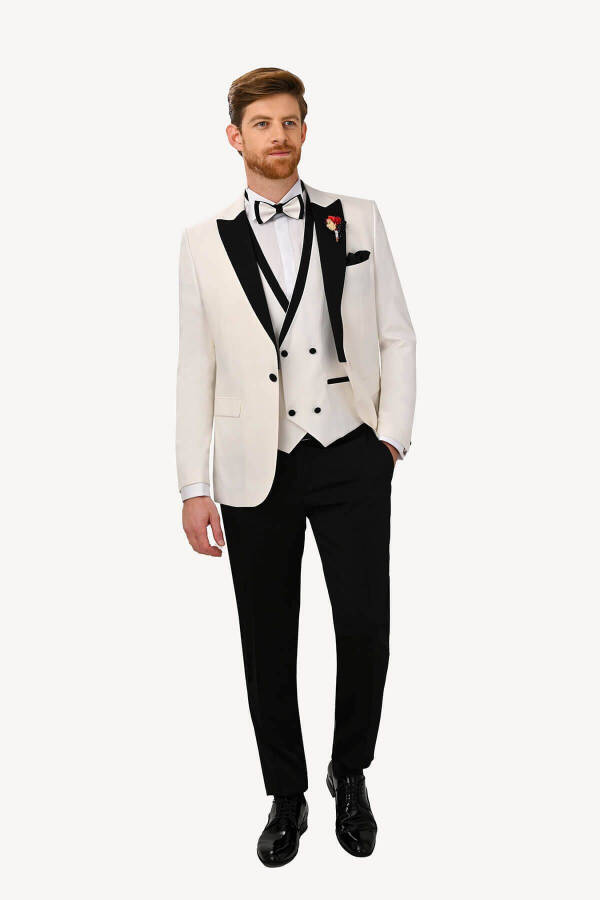 Men's Cream Waistcoat Swallow Collar Slim Fit Tuxedo - 6