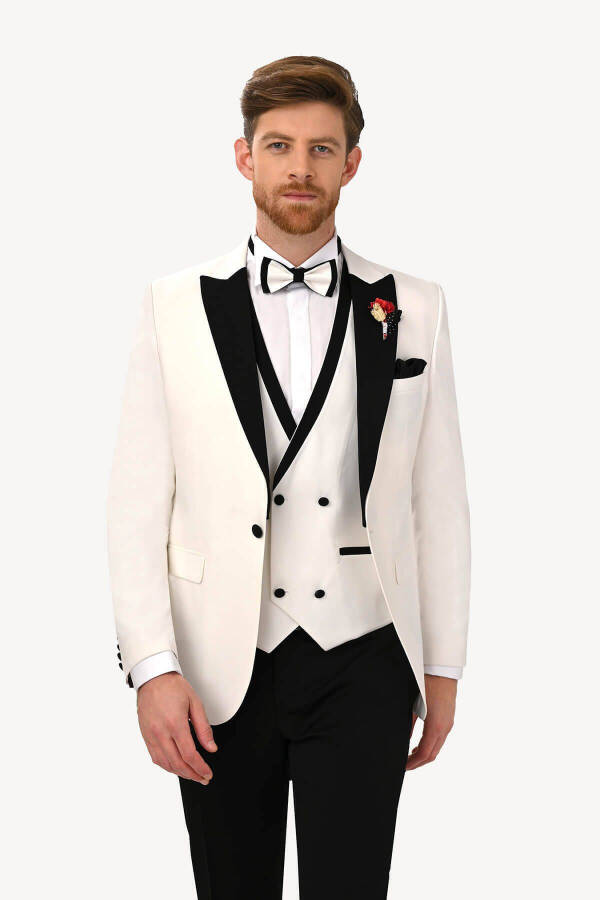 Men's Cream Waistcoat Swallow Collar Slim Fit Tuxedo - 7