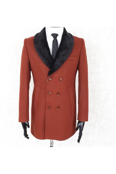 Men's Double-Breasted Slim Fit Cream Removable Fur Collar Detailed Wool Coat - 1