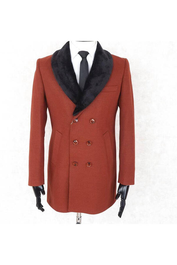 Men's Double-Breasted Slim Fit Cream Removable Fur Collar Detailed Wool Coat - 1